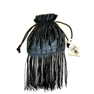NWT Borsetta Designer Black Handbag by Debra Giaconia Fringe Drawstring Satin